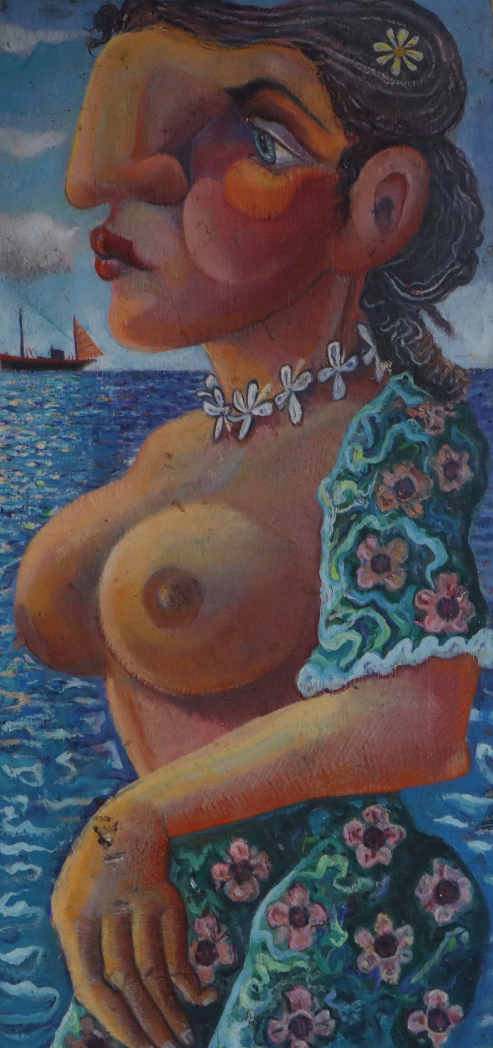 Modern British, oil on board, Lady of the Sea, 47 x 22cm, unframed.